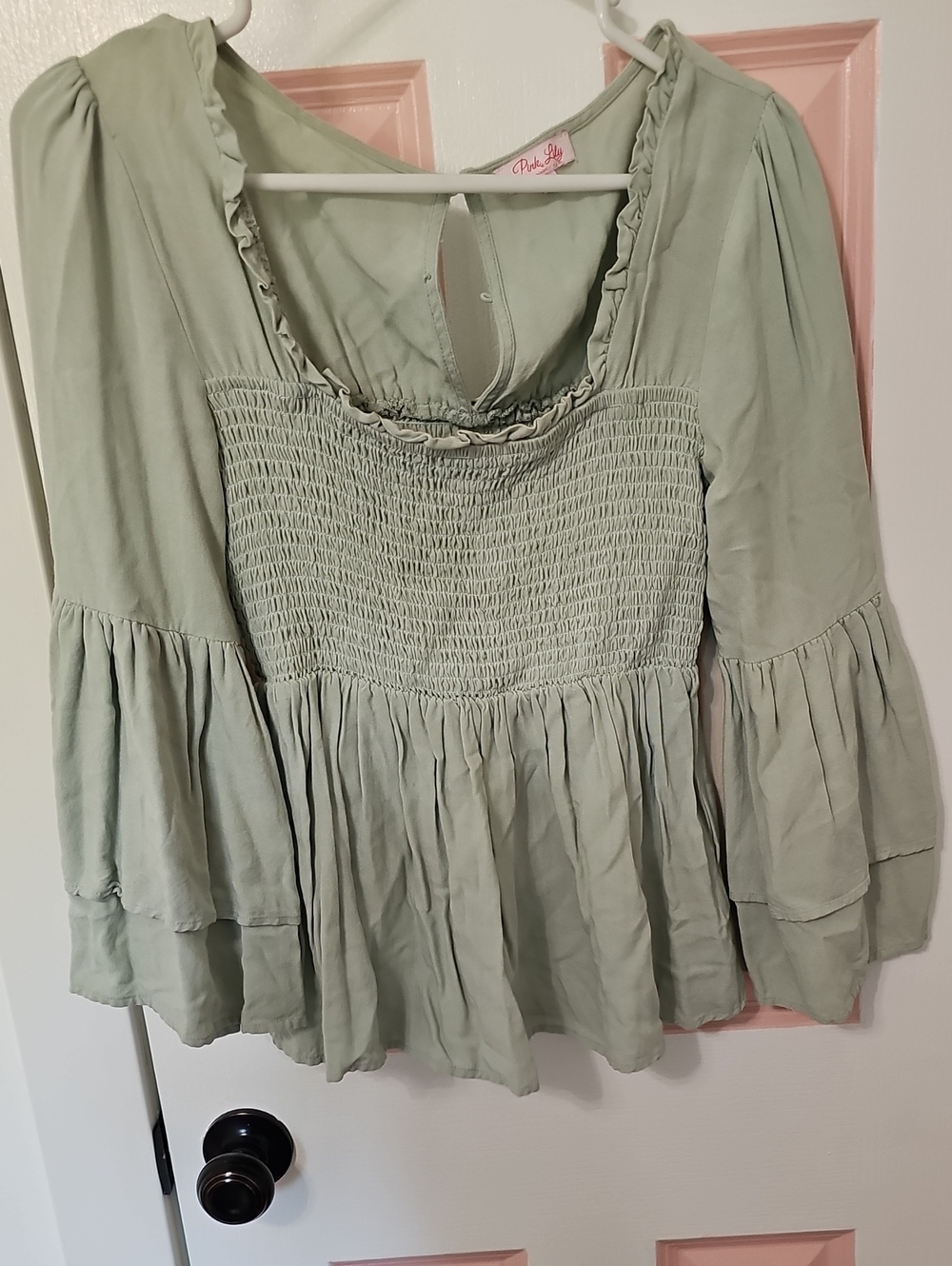 Pink Lily Light Sage Smocked Bell Sleeve Blouse